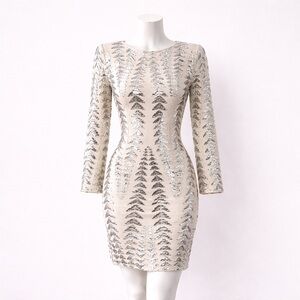 Lulu’s Ivory Sequin Bodycon Dress Long Sleeve Cocktail Party Size S